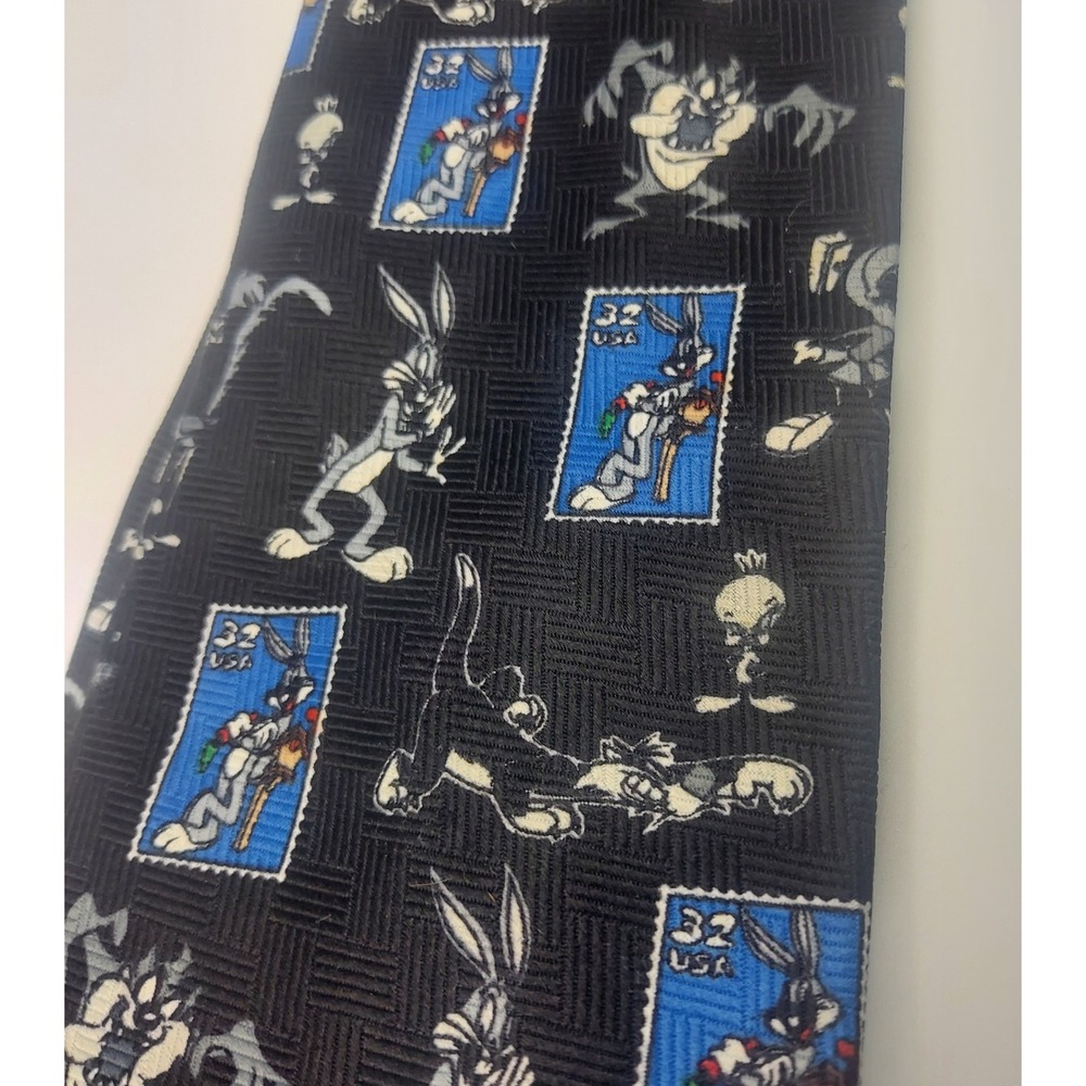 Looney‎ Tunes Stamp Collection Bugs Bunny Mens Black Polyester Necktie 1997 USA